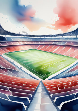 A Soccer Stadium With A Green Field And Red Seats. Generative AIの素材