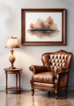 A Chair And Lamp In A Room With A Painting On The Wall. Generative AIの素材