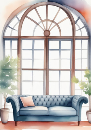 A Watercolor Painting Of A Couch In Front Of A Window. Generative AIの素材