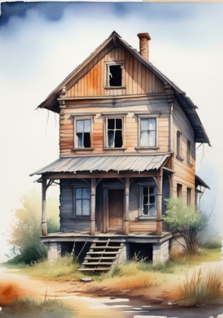 An Old House With A Broken Window And A Broken Roof. Generative AIの素材
