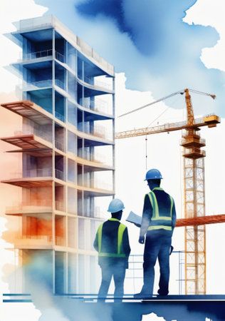 Two Construction Workers On A Construction Site. Generative AIの素材