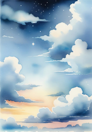 A Painting Of Clouds And Stars In The Sky. Generative AIの素材