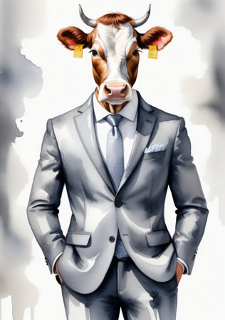 A Cow In A Suit And Tie Standing Next To A Man. Generative AIの素材