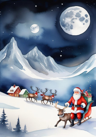 Santa Claus With Reindeers In The Mountains At Night Illustration. Generative AIの素材