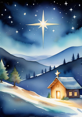 A Christmas Scene With A Star Above The House. Generative AIの素材
