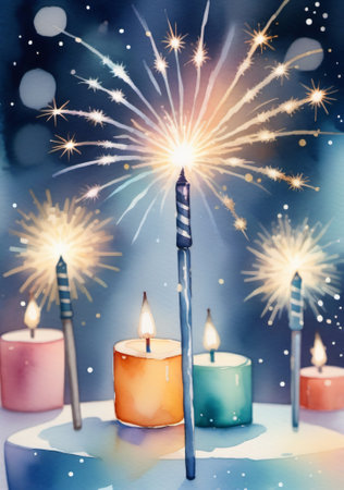 A Birthday Cake With A Lit Candle And Sparkles. Generative AIの素材