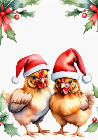 Two Chickens In Santa Hats With Holly And Holly. Generative AIの素材
