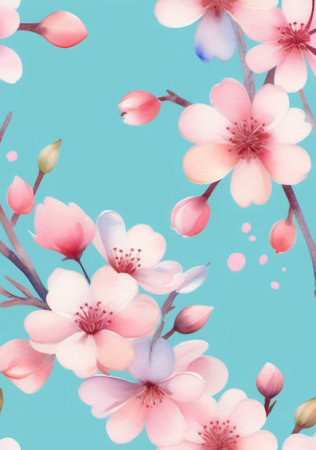 A Blue Background With Pink Flowers. Generative AIの素材