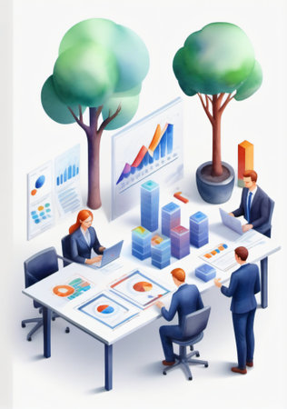 Business People Working In Office With Tree And Graphs. Generative AIの素材