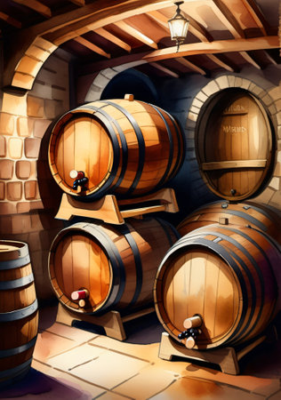 A Bunch Of Wine Barrels In A Cellar. Generative AIの素材
