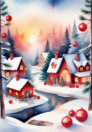 Christmas Landscape With A House And Christmas Balls. Generative AIの素材