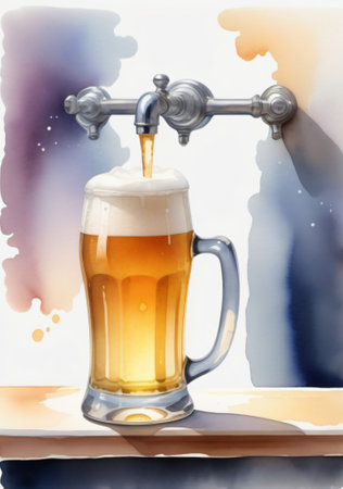 A Glass Of Beer On A Table With A Painting Of A Man. Generative AIの素材
