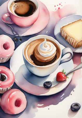 A Painting Of A Cup Of Coffee And Some Pastries. Generative AIの素材