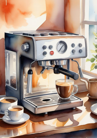 A Painting Of A Coffee Machine On A Table. Generative AIの素材