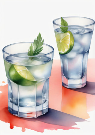 Two Glasses Of Watercolor With Lime And Mint. Generative AIの素材