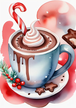 A Cup Of Hot Chocolate With A Candy And Candy Cane. Generative AIの素材