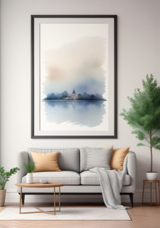 A Living Room With A Couch And A Painting On The Wall. Generative AIの素材