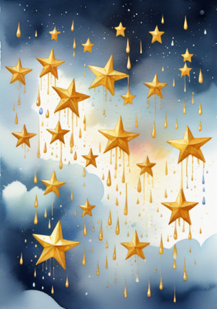 A Painting Of Gold Stars Hanging From The Sky. Generative AIの素材