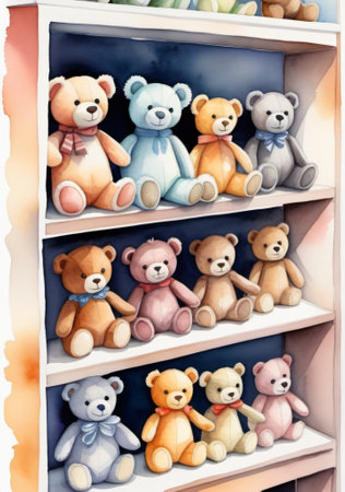 A Painting Of A Shelf With Many Stuffed Bears. Generative AIの素材