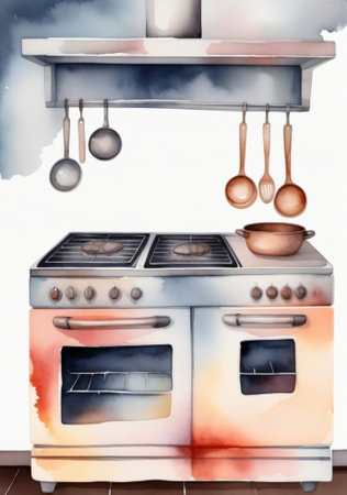 Watercolor Illustration Of A Kitchen With A Stove And A Pot. Generative AIの素材