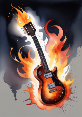 A Guitar With Flames On It. Generative AIの素材