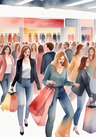 A Watercolor Painting Of People Shopping In A Mall. Generative AIの素材