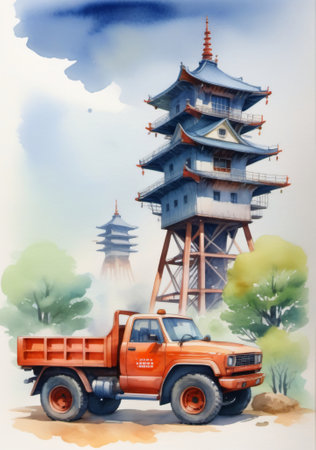 A Truck Parked In Front Of A Pagoda Tower. Generative AIの素材