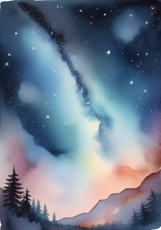 A Painting Of A Night Sky With Stars And Trees. Generative AIの素材