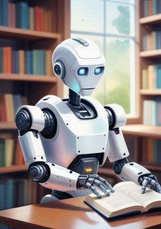 A Robot Reading A Book In The Library. Generative AIの素材