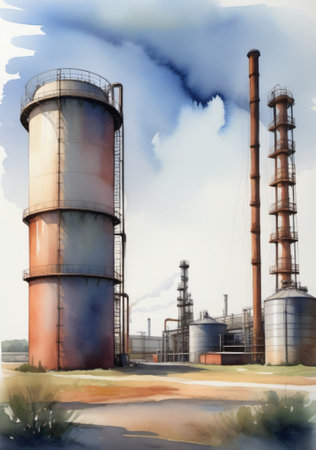 A Painting Of A Factory With Smoke Stacks. Generative AIの素材