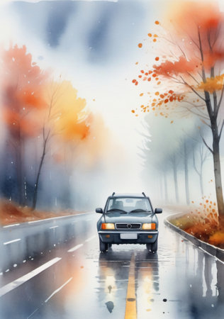 A Car Driving Down A Wet Road In The Rain. Generative AIの素材