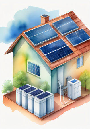Solar Energy House With Solar Panels And Water Pump. Generative AIの素材