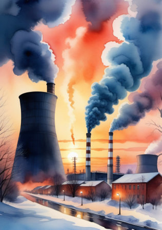 A Painting Of A Factory With Smoke Stacks. Generative AIの素材