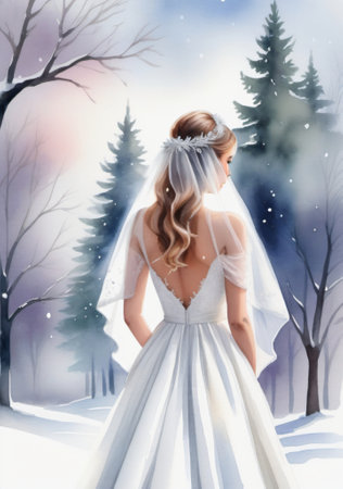 A Bride In A White Dress Is Walking Through The Snow Covered Forest. Generative AIの素材