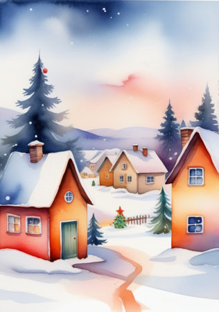 A Watercolor Painting Of A Winter Village With A Christmas Tree And A Snowman. Generative AIの素材
