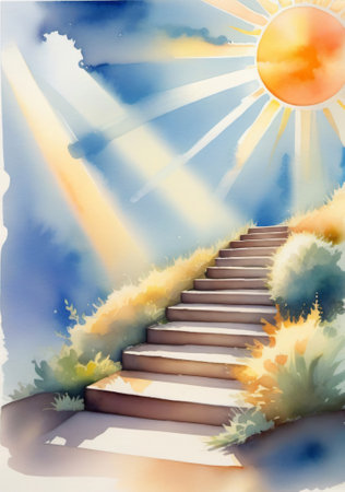 A Watercolor Painting Of A Stairway Leading To The Sun. Generative AIの素材