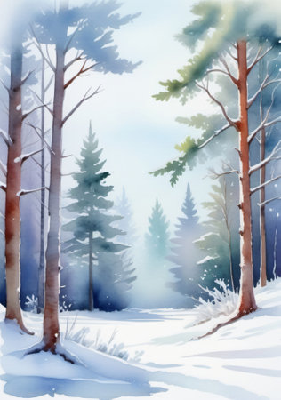 Watercolor Winter Landscape With Trees And Snow. Generative AIの素材