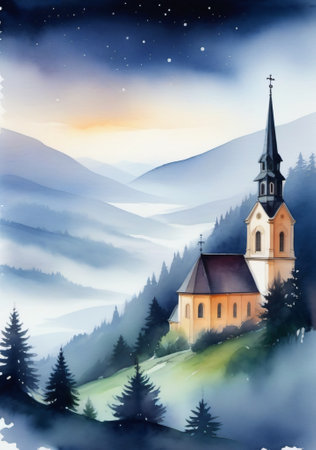 A Church In The Mountains With A Sunset Behind It. Generative AIの素材