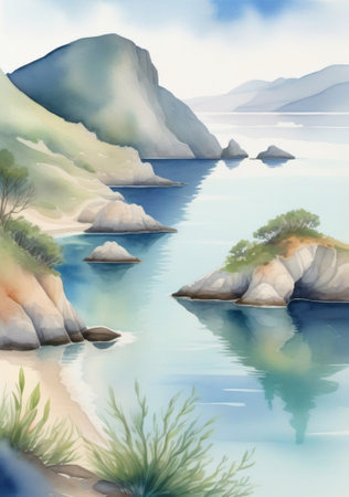 Watercolor Landscape With Rocks And Plants On The Shore. Generative AIの素材