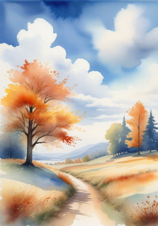 A Watercolor Painting Of A Tree In The Fall. Generative AIの素材