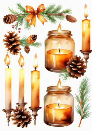 Christmas Candles And Pine Cones. Generative AIの素材
