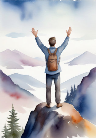 A Man Standing On Top Of A Mountain With His Arms Up. Generative AIの素材