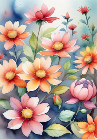 Watercolor Painting Of Flowers On Blue Background. Generative AIの素材