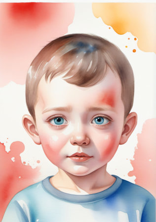 A Painting Of A Boy With A Blue Shirt. Generative AIの素材