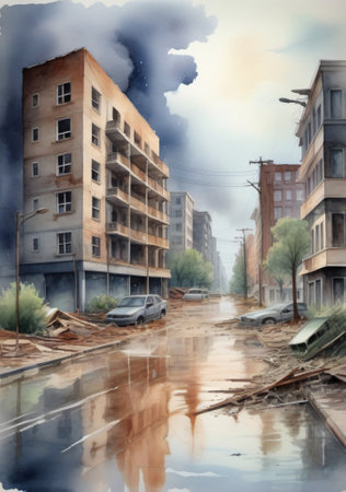 A Painting Of A City Street With Buildings And Cars. Generative AIの素材