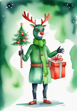 A Cartoon Character With A Christmas Tree And Presents. Generative AIの素材