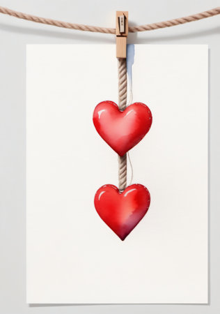 Two Red Hearts Hanging On A Rope. Generative AIの素材