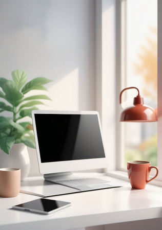 A White Desk With A Laptop And A Cup. Generative AIの素材