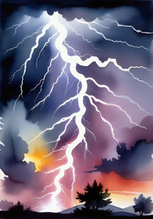A Painting Of Lightning In The Sky. Generative AIの素材