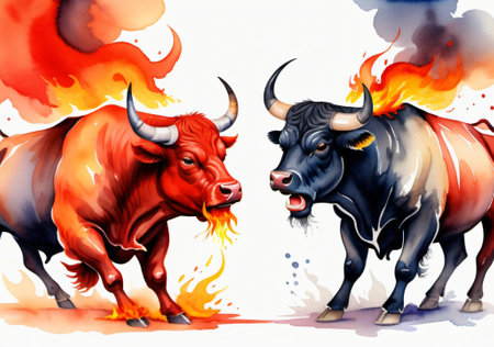 Bulls fighting in the fire. Watercolor painting on white backgroundの素材